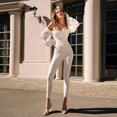 Off Shoulder Long Sleeve Button Bodycon Jumpsuit